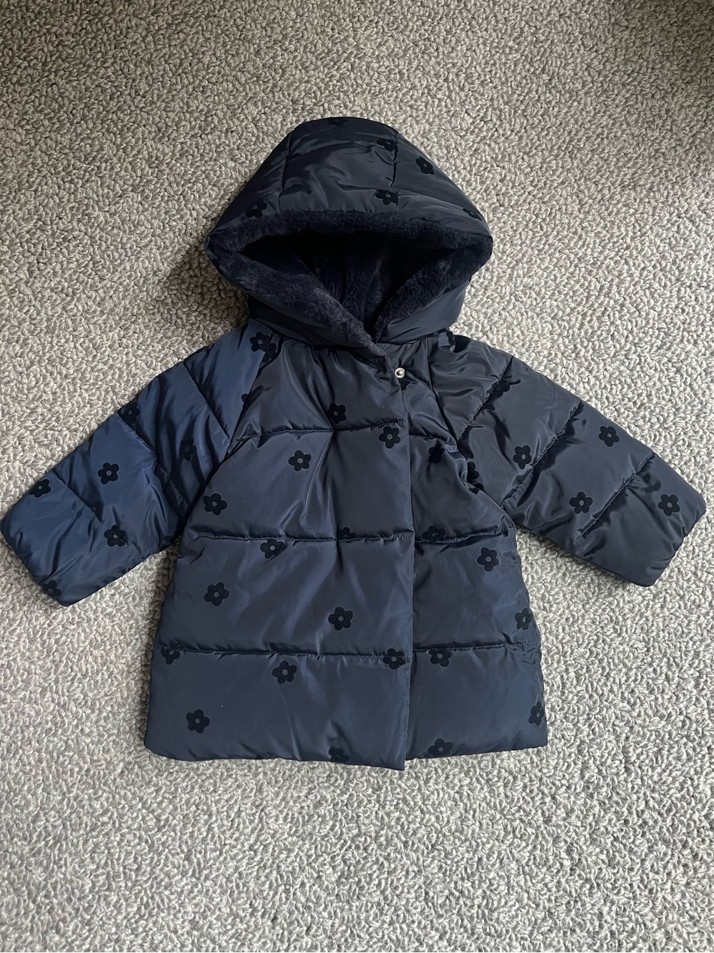 JACADI Navy Floral Puffer Coat with Hood